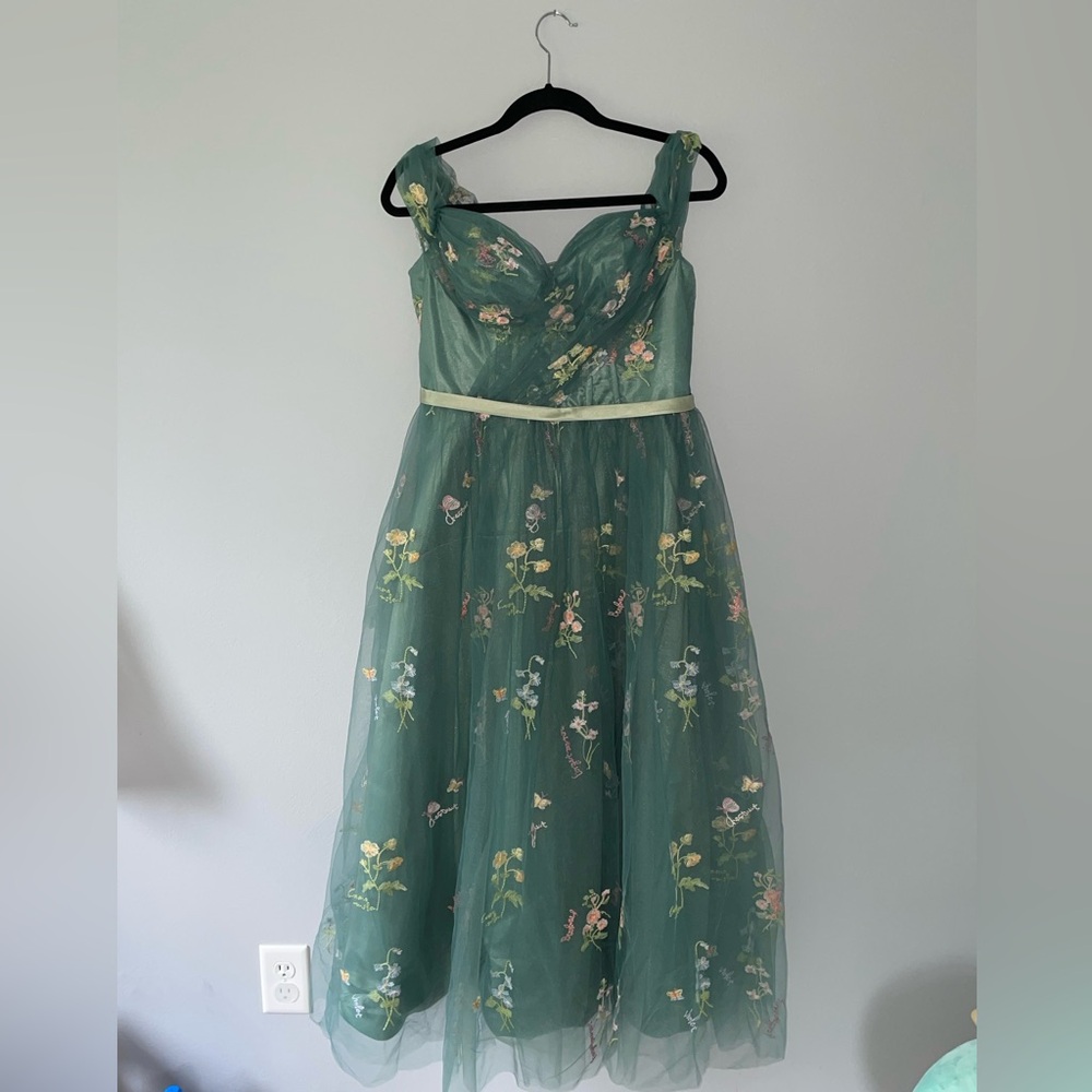 Size 12 Color: Peacock; Floral Embroidered Tulle Tea Length Dress, Corset Back